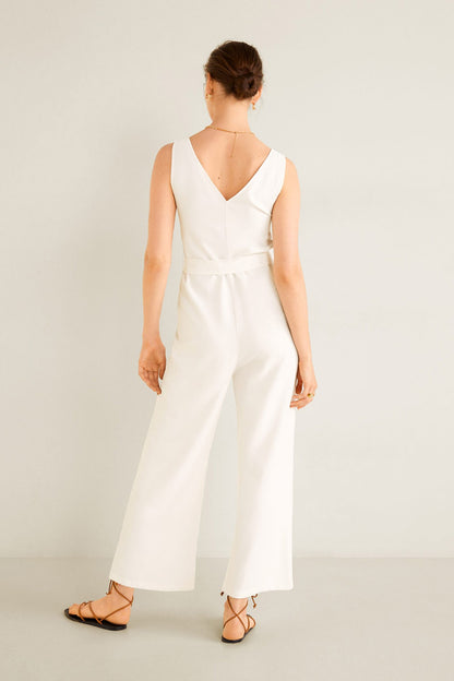 Off-white sleeveless V-back jumpsuit with wide-leg pants