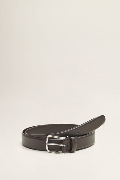 Brown leather belt with silver square buckle, flat strap