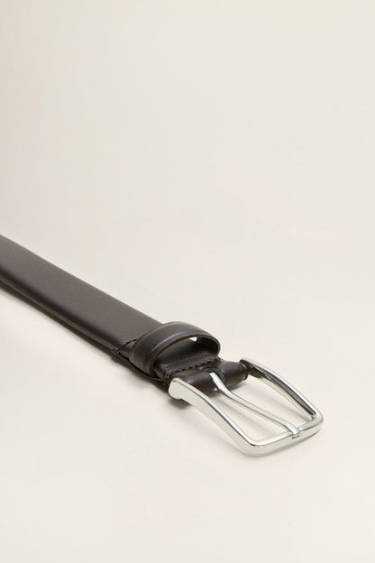 Brown leather belt buckle detail with silver metal frame