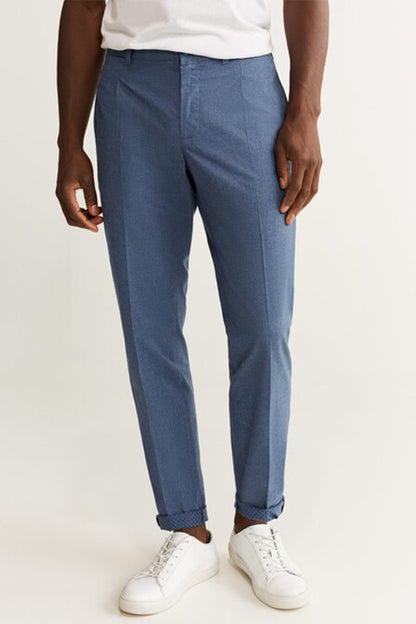 Dark navy cuffed trousers with pleated front and tapered legs