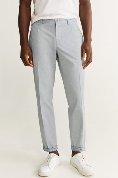 Grey straight-leg trousers with button closure and belt loops