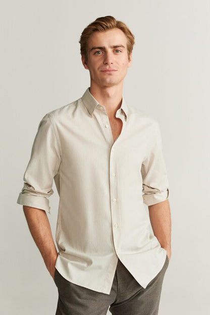 Men's beige MANGO button-up shirt with collar, long sleeves, front