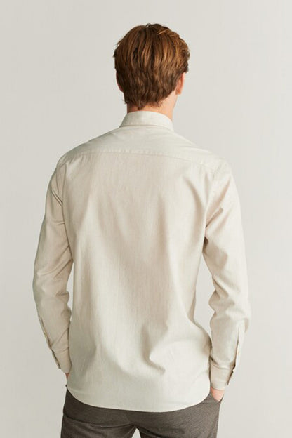 Men's beige MANGO button-up shirt, back view with collar and long sleeves