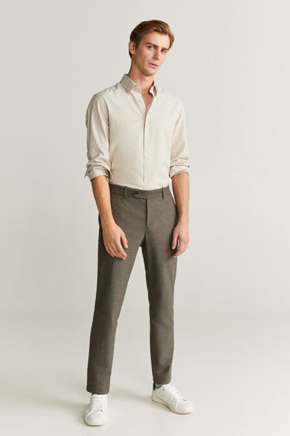 Men's beige MANGO button-up shirt with collar, rolled sleeves, front