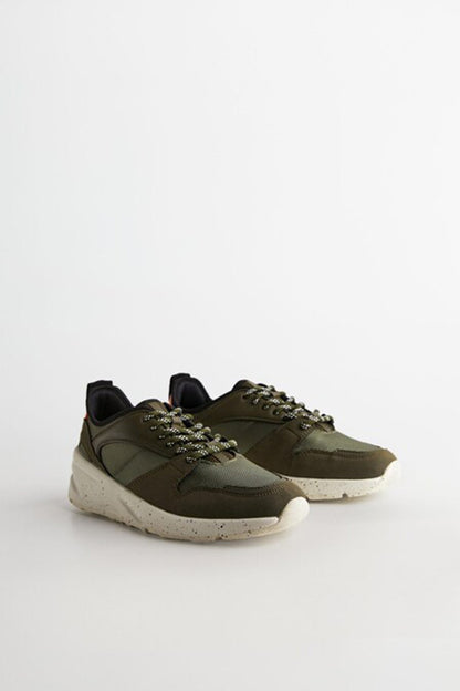 Khaki lace-up sneakers, pair view with chunky white sole and olive uppers