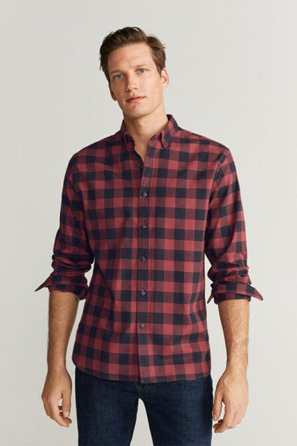 Red and dark blue plaid button-up shirt with long sleeves and button front