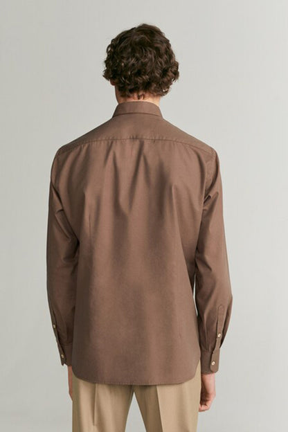 Brown long-sleeve button-up shirt, back view