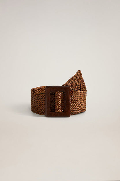 Medium brown woven belt with rectangular buckle