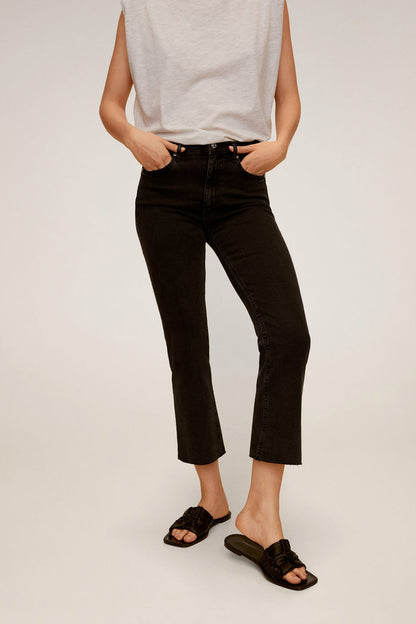 MANGO black denim cropped flare jeans with belt loops and front pockets