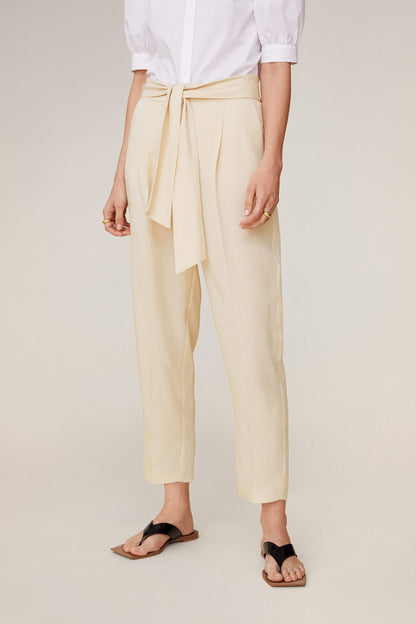 Ecru tie-waist cropped trousers with pleated front
