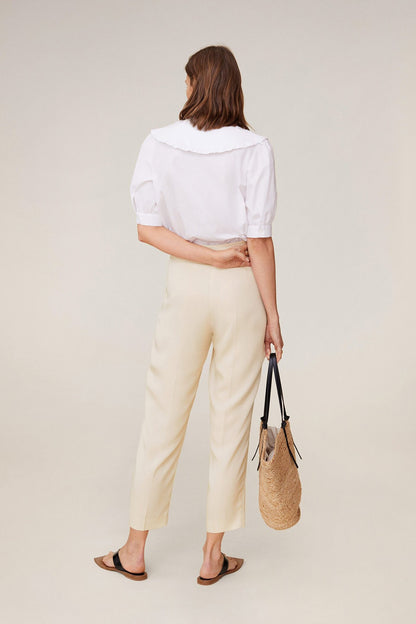Ecru tie-waist trousers, back view, ankle-length with belt tie