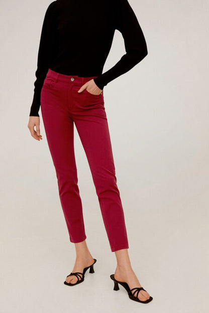 MANGO maroon slim cropped jeans with button closure and belt loops
