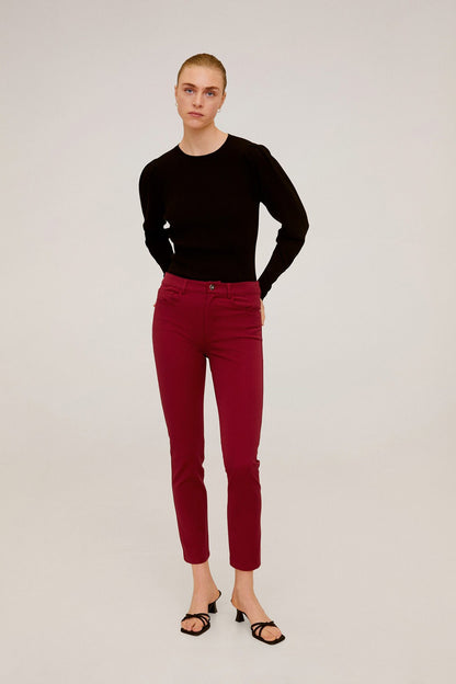 MANGO maroon slim cropped jeans with belt loops and straight legs