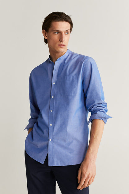 MANGO blue button-up shirt with stand collar and long sleeves