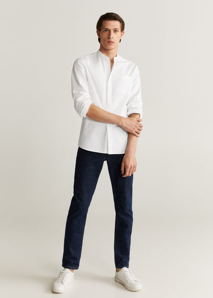 White button-up long-sleeve shirt with spread collar and chest pocket