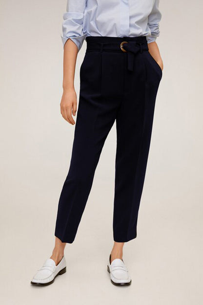 Dark navy belted high-waist trousers with tapered legs
