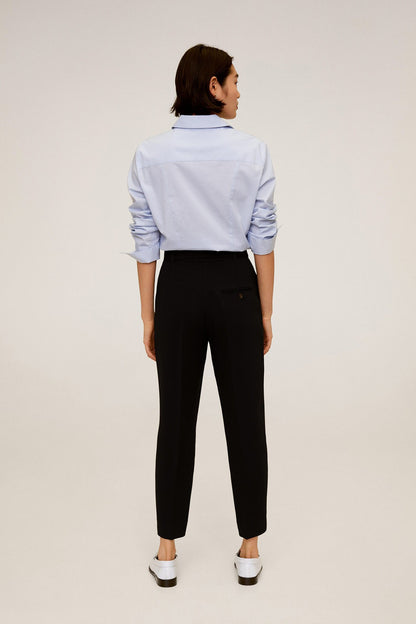 Dark navy belted high-waist trousers, back view, tapered ankle length
