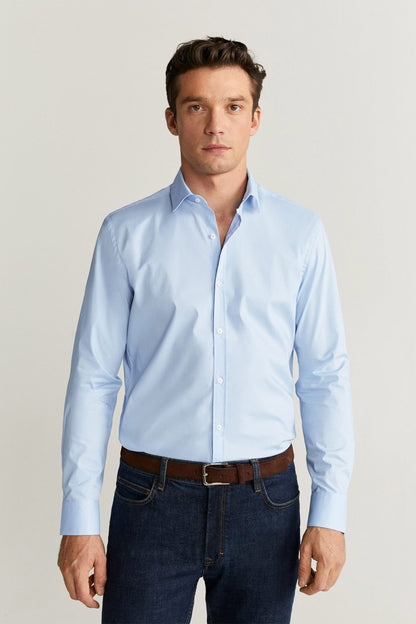 MANGO sky blue button-up dress shirt with long sleeves and spread collar