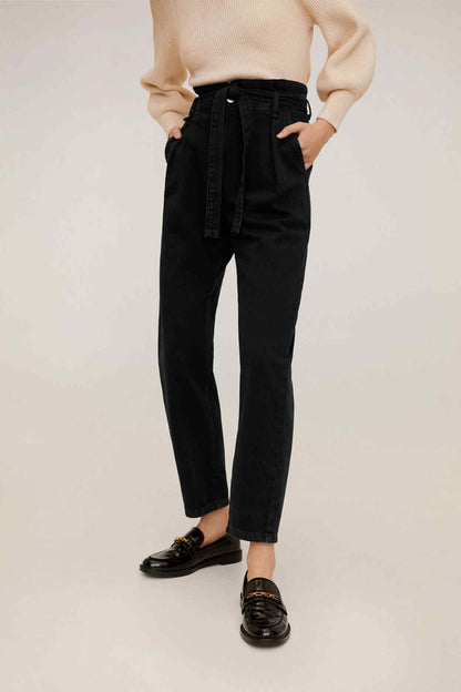 MANGO black high-rise jeans with tie belt and cuffed hem
