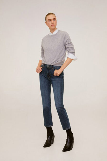 Dark blue denim jeans with straight leg, belt loops, five-pocket styling, cuffed hem
