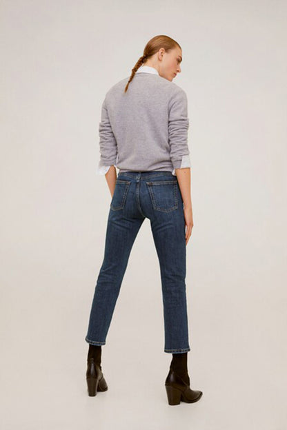 Dark blue denim jeans, straight leg with cuffed ankle hem and five-pocket design