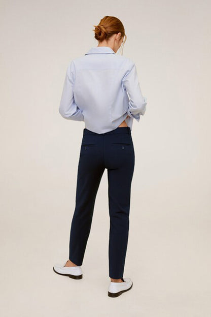 Dark navy tailored trousers, back view, ankle length