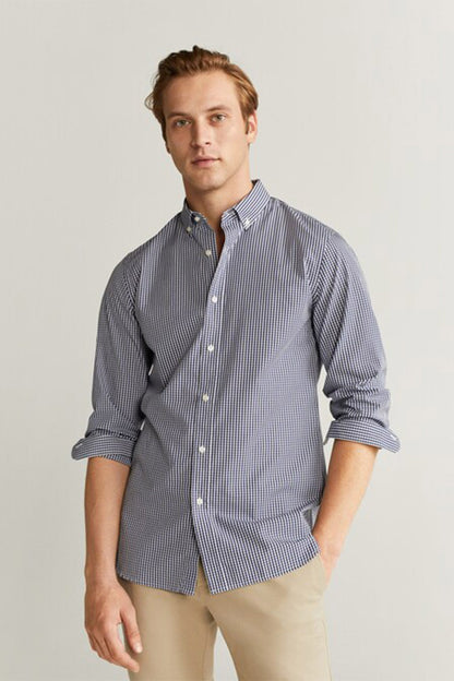 Men's dark navy striped button-up shirt, long sleeves, button-down collar
