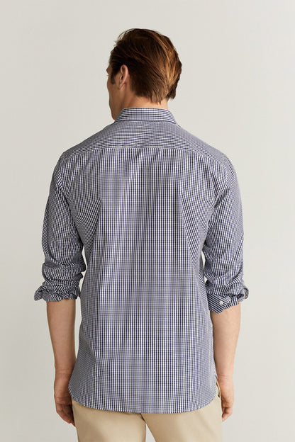 Men's dark navy striped button-up shirt, back view, long sleeves
