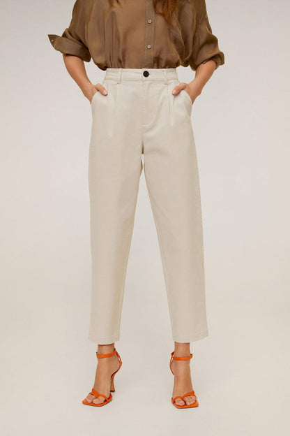 Ecru high-waisted cropped trousers, tapered legs, button front, belt loops