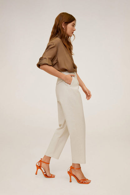 Ecru high-waisted cropped trousers, ankle length, tapered leg