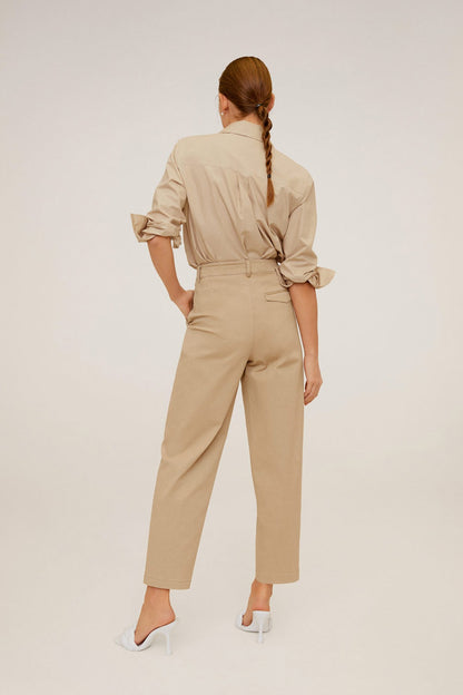 Women's tan high-rise trousers, back view, belt loops and tapered ankle cuffs