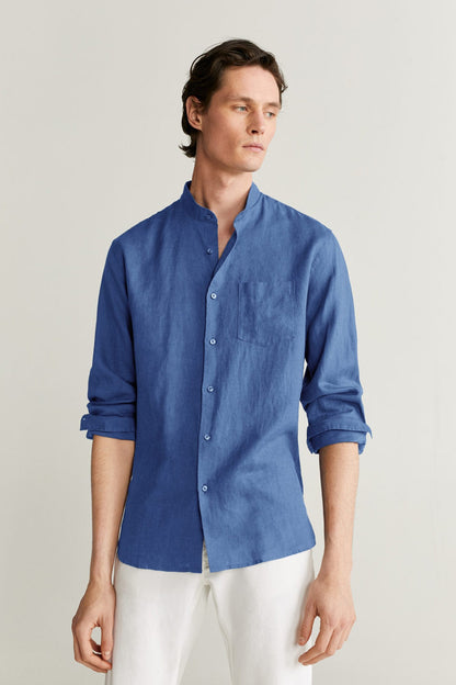 MANGO men's navy button-up shirt with front buttons and roll-up sleeves