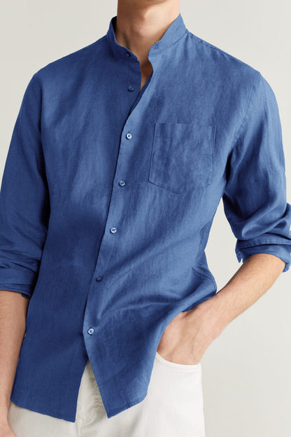 Men's navy button-up shirt with chest pocket and buttoned collar