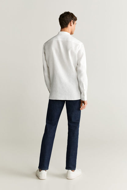 White button-up shirt back view, full collar, long sleeves with cuffs