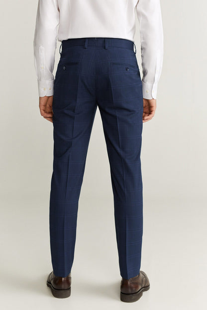 Dark navy tailored trousers, belt loops, front pockets, zip fly, straight leg