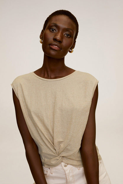 Light grey sleeveless top with knotted front and round neckline