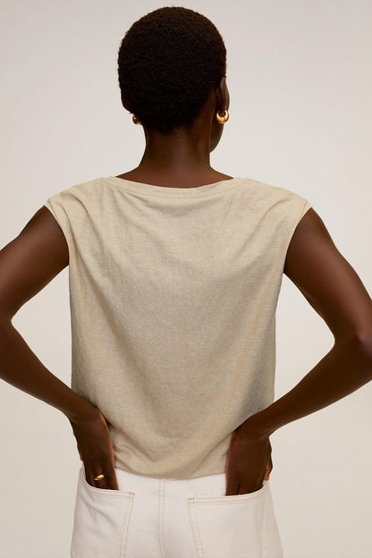 Light grey sleeveless top, back view with straight hem