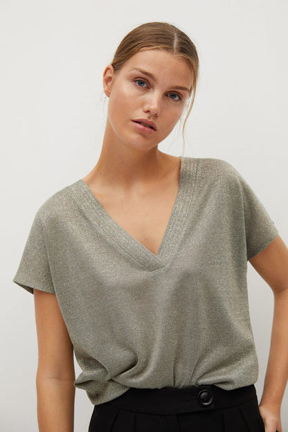 MANGO khaki V-neck short-sleeve top with draped front