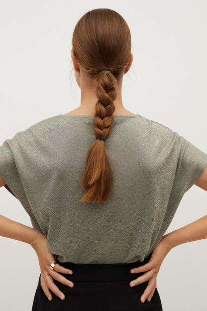 MANGO khaki V-back short-sleeve top, back view