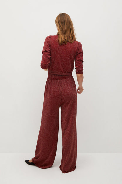 Red textured lounge set, crewneck top and matching wide-leg pants