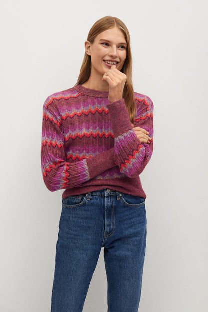 MANGO purple knit sweater with zigzag pattern, crew neck and long sleeves