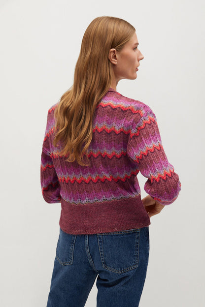 MANGO purple zigzag knit sweater with round neck and long sleeves, back view
