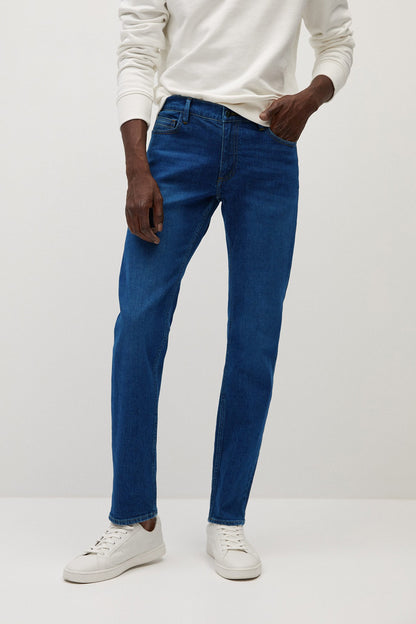 Men's dark blue straight-leg jeans, five-pocket with belt loops