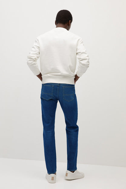 Men's dark blue straight-leg jeans, back view with belt loops and pockets