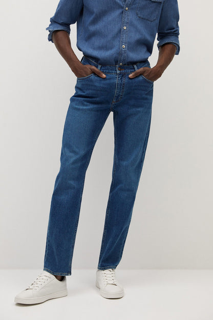 Dark blue denim jeans, straight leg with button fly and belt loops