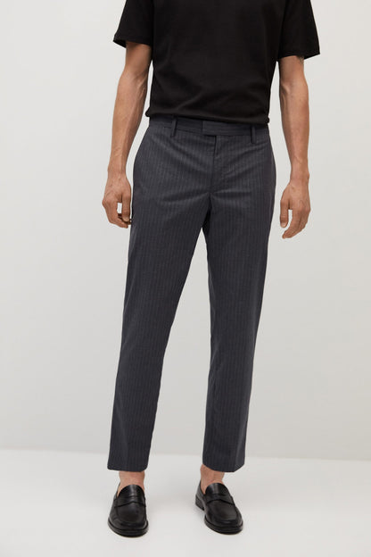 Dark heather grey pinstripe trousers with straight leg, belt loops and button fly
