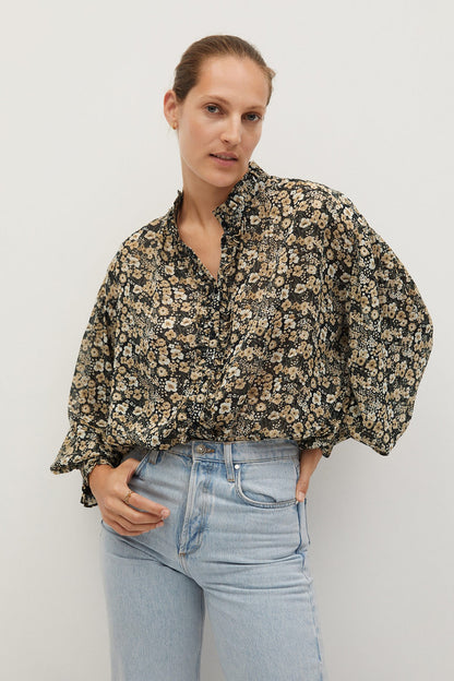 Floral button-up blouse with long sleeves, black with small beige flowers