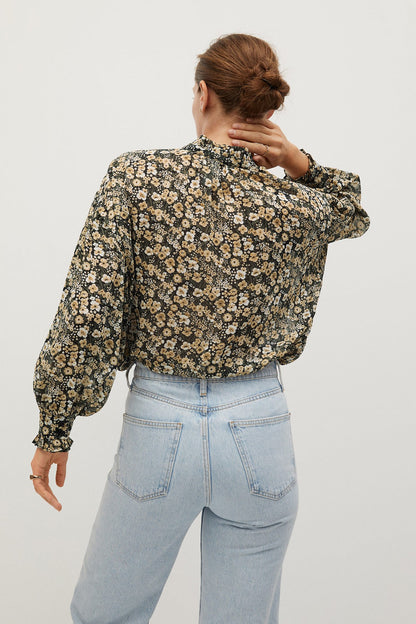 Floral button-up blouse back view, long sleeves, black with beige mini flowers