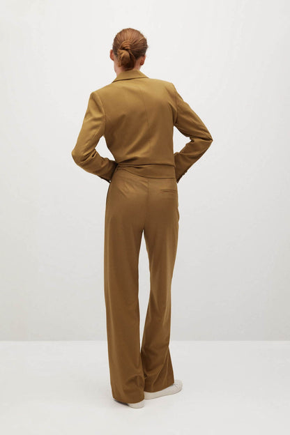 Women's brown blazer and matching wide-leg trousers, back view