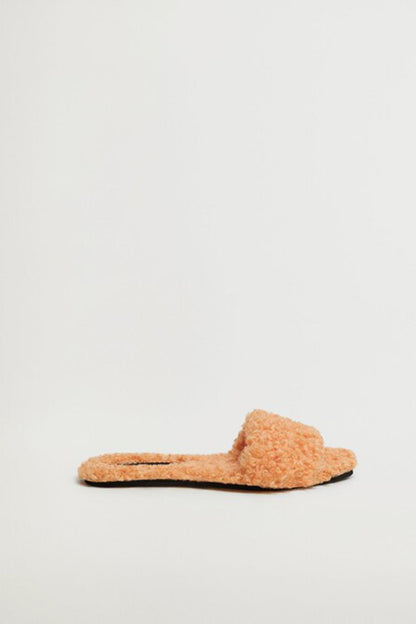 Peach teddy-fabric slide slippers with wide strap